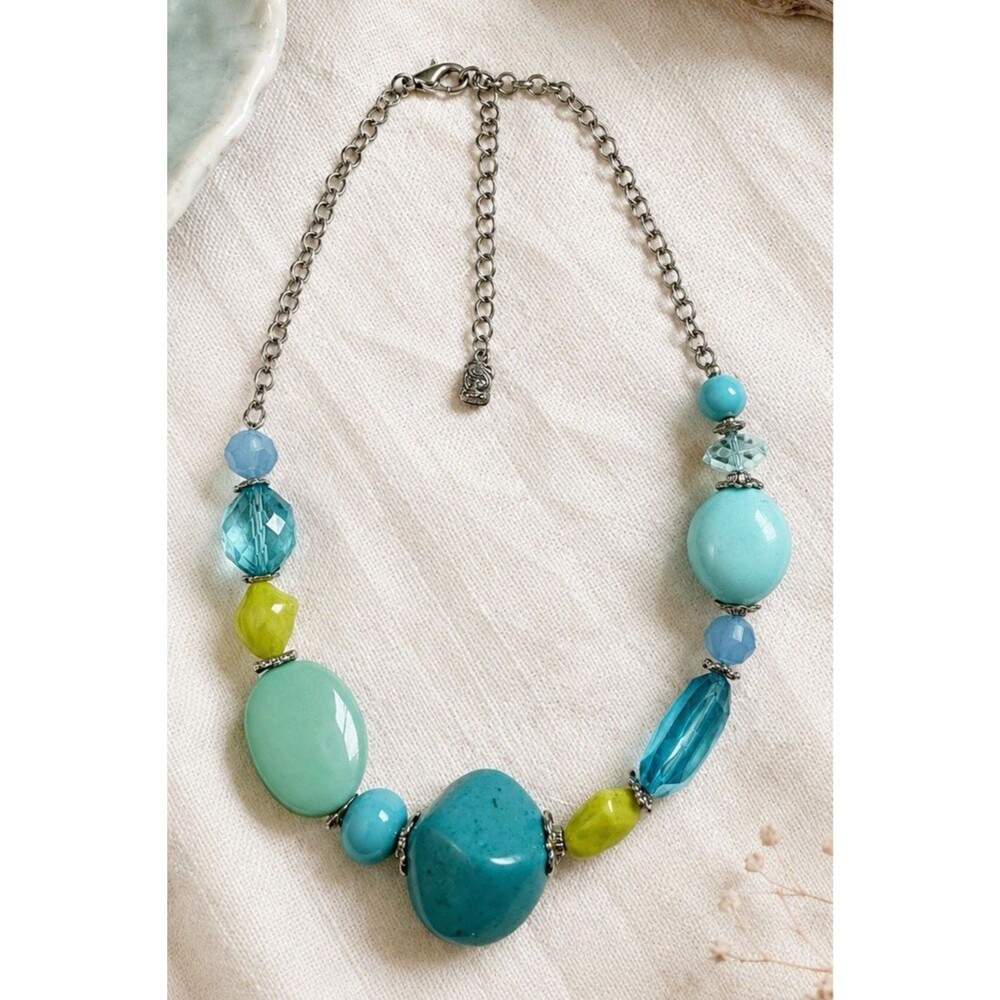 Vintage Y2K Turquoise Blue Green Chunky Beaded Statement Necklace Boho